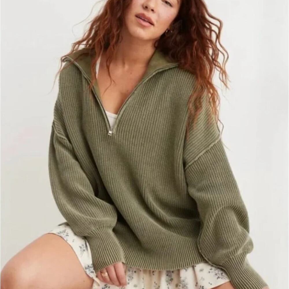Aerie XS Quarter Zip Oversized Sweater Olive Green Size Large